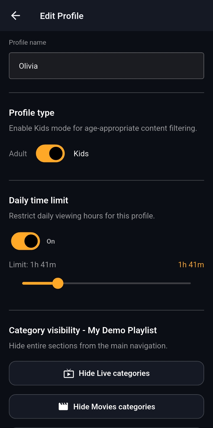 Kids profile time limits and category controls